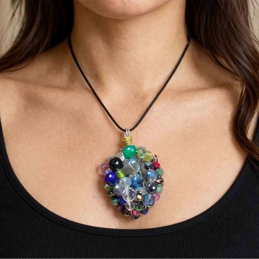 RUBYRUDI OOAK Boho Luxe Crystal Glass Pendant Necklace Cluster Artisan Jewelry